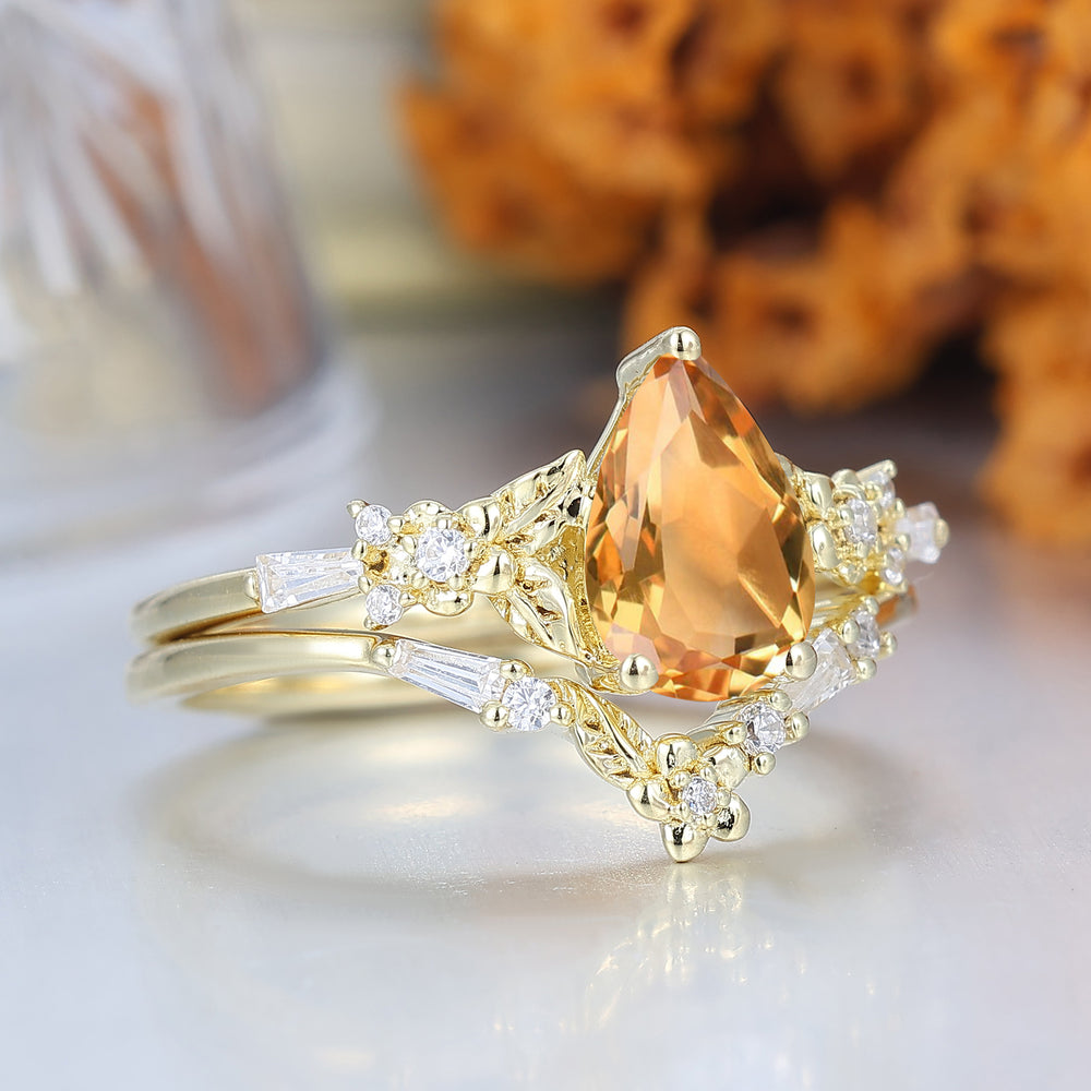 Unique Floral Engraved Pear Cut Citrine Engagement Ring Set Natural Inspired Wedding Rings