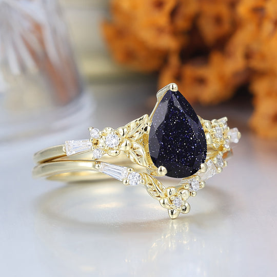 Floral Leaf Engraved Blue Sandstone Women Ring Set Solid Yellow Gold Wedding Rings Set