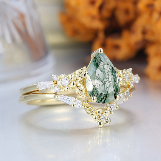 Nature Inspired Floral  Moss Agate  Bridal Ring Pear Cut Vintage Gold Ring Stacking Set