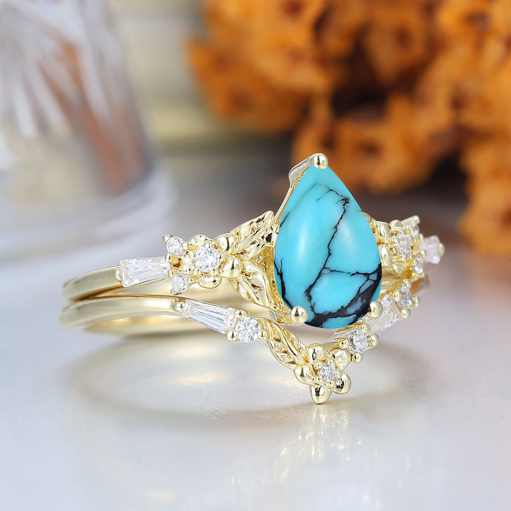 Unique Floral Engraved Pear Cut Turquoise Engagement Ring Set Natural Inspired Wedding Rings