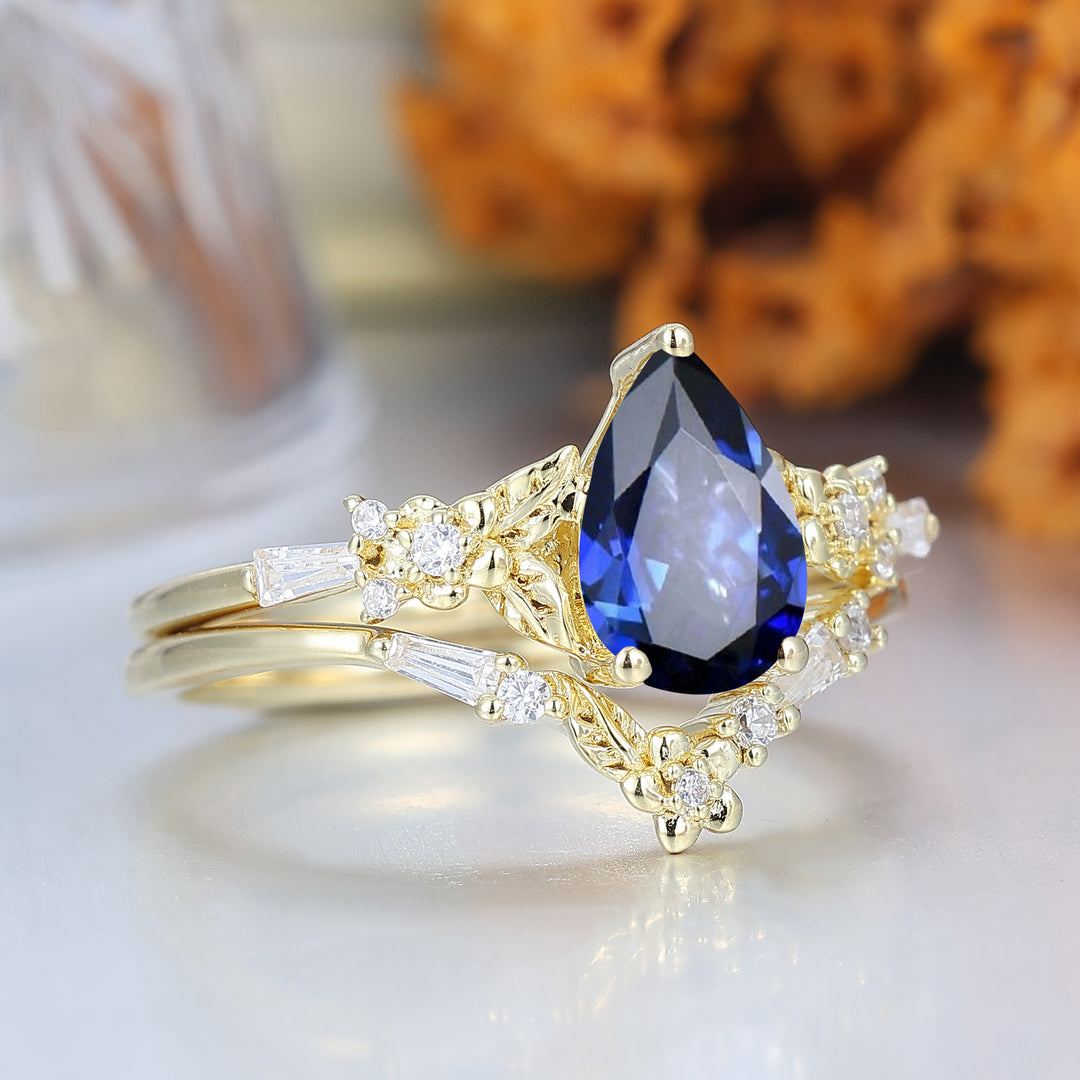 Nature Inspired Floral Sapphire Bridal Ring Pear Cut Vintage Gold Ring Stacking Set