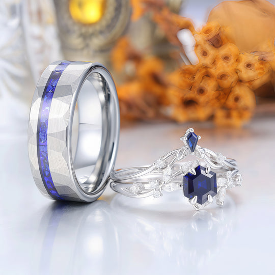 Nature Inspired Hexagon Sapphire Couple Ring Set Blue Marriage Ring Set His And Hers Rings -  Esdomera.com