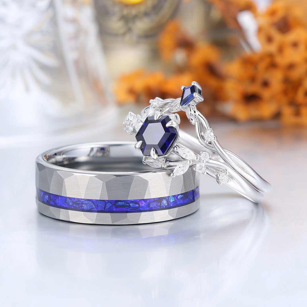 Nature Inspired Hexagon Sapphire Couple Ring Set Blue Marriage Ring Set His And Hers Rings -  Esdomera.com