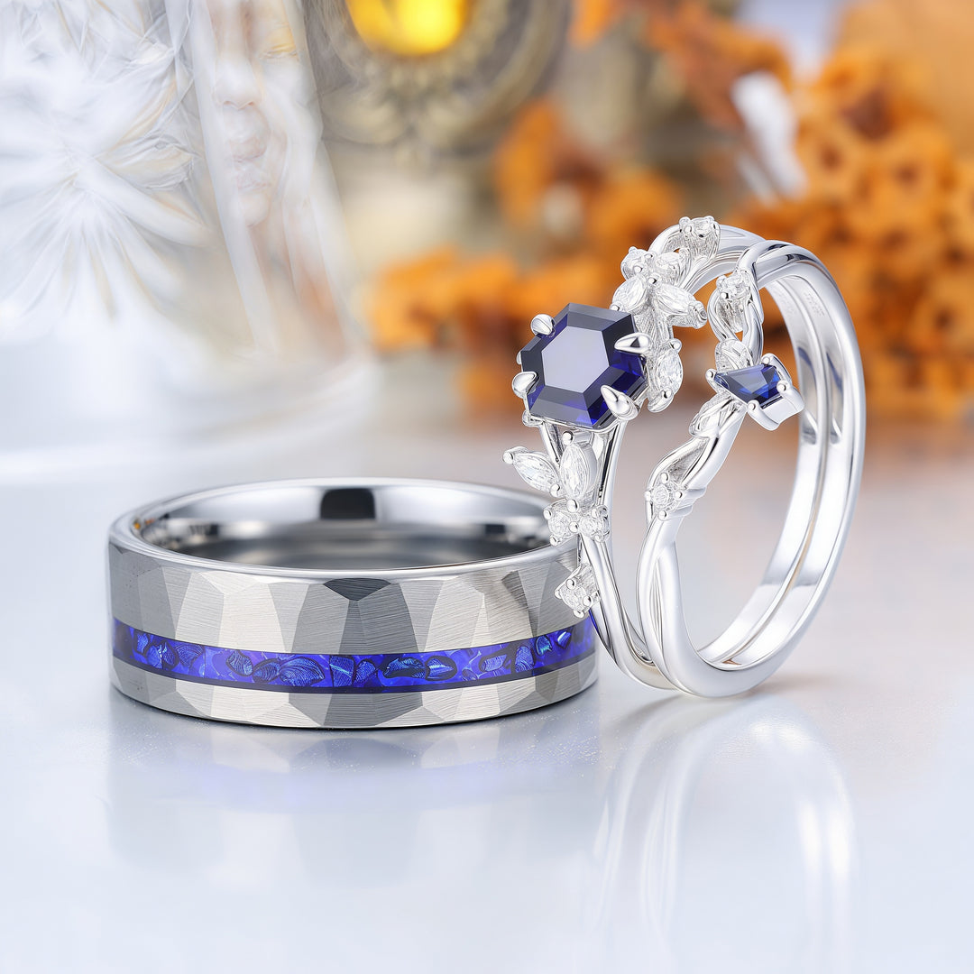 Nature Inspired Hexagon Sapphire Couple Ring Set Blue Marriage Ring Set His And Hers Rings -  Esdomera.com