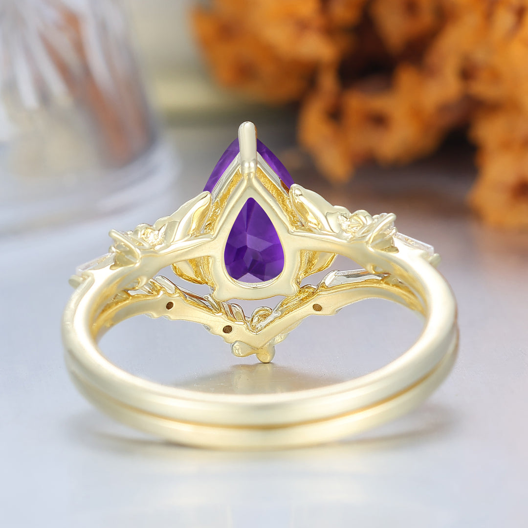 Nature Inspired Floral Amethyst Bridal Ring Pear Cut Vintage Gold Ring Stacking Set