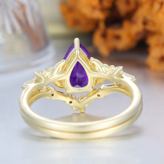 Nature Inspired Floral Amethyst Bridal Ring Pear Cut Vintage Gold Ring Stacking Set