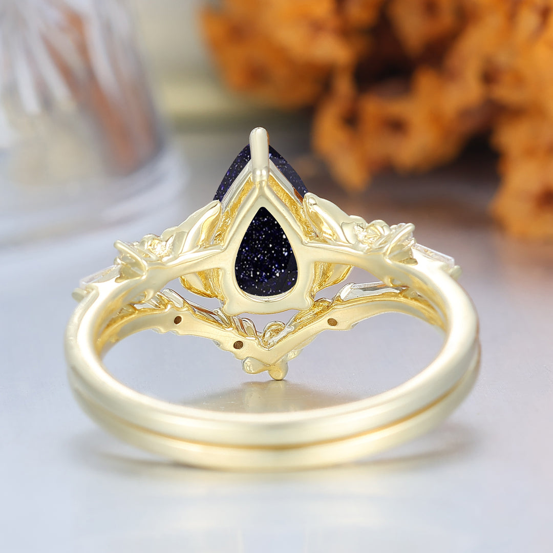 Floral Leaf Engraved Blue Sandstone Women Ring Set Solid Yellow Gold Wedding Rings Set