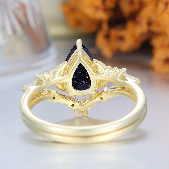 Floral Leaf Engraved Blue Sandstone Women Ring Set Solid Yellow Gold Wedding Rings Set