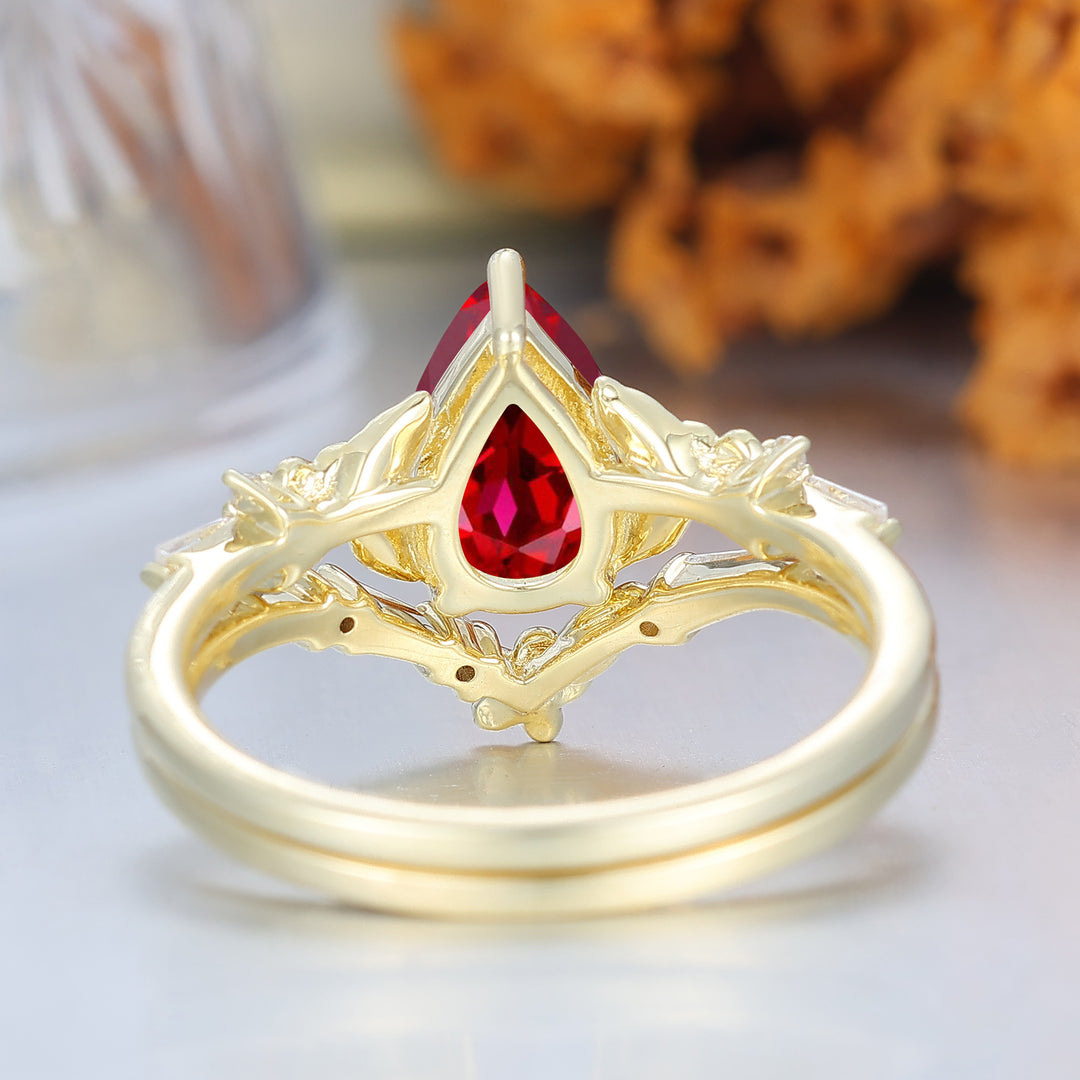 Unique Floral Engraved Pear Cut Ruby Engagement Ring Set Natural Inspired Wedding Rings