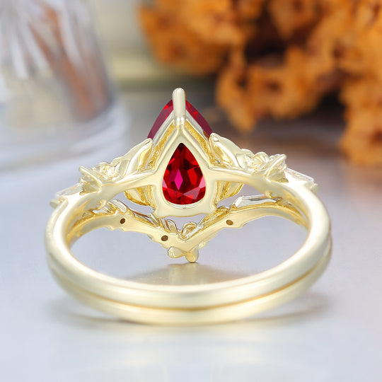 Unique Floral Engraved Pear Cut Ruby Engagement Ring Set Natural Inspired Wedding Rings