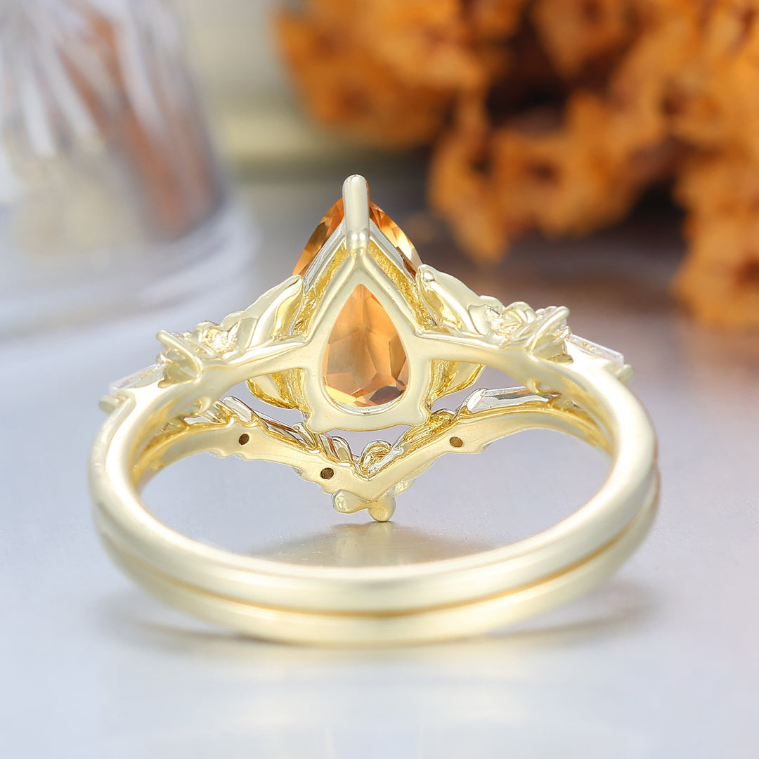 Unique Floral Engraved Pear Cut Citrine Engagement Ring Set Natural Inspired Wedding Rings