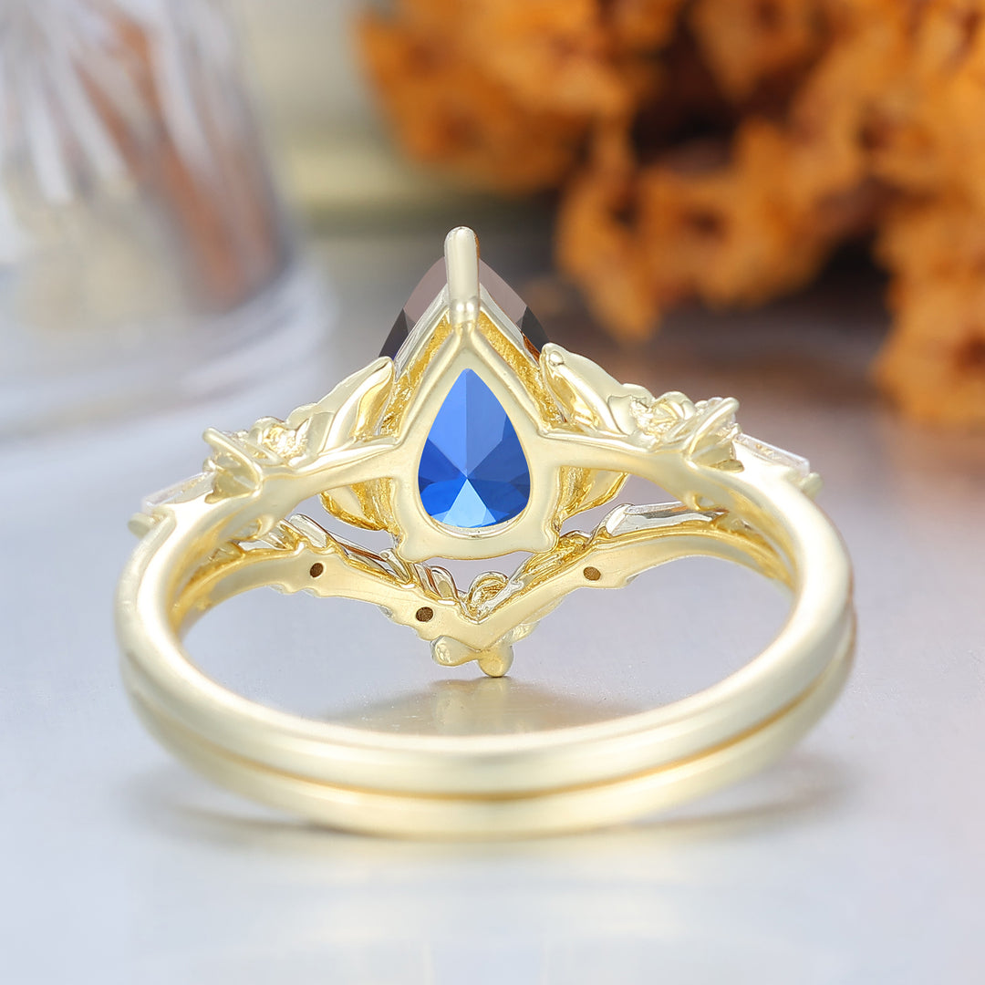 Nature Inspired Floral Sapphire Bridal Ring Pear Cut Vintage Gold Ring Stacking Set