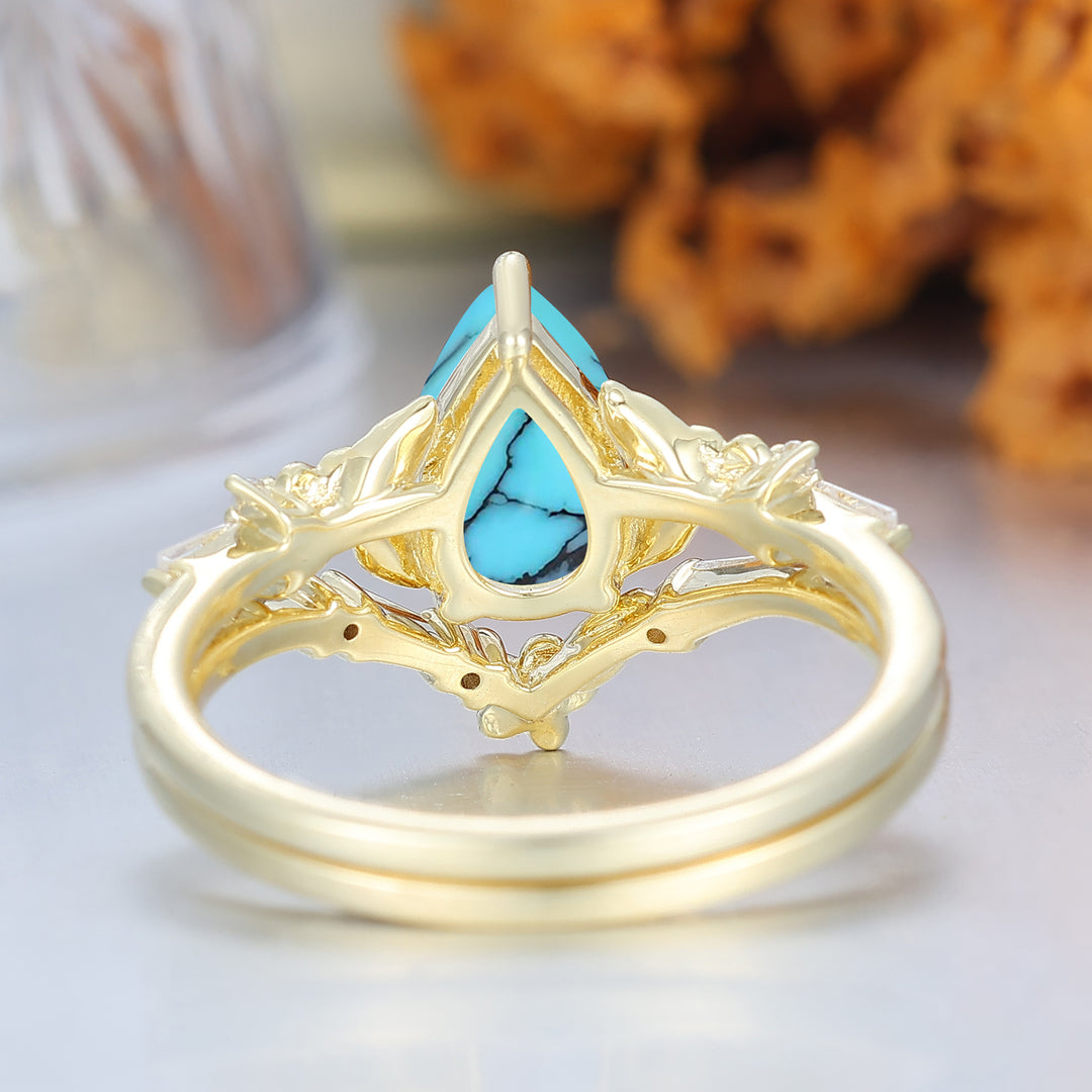 Unique Floral Engraved Pear Cut Turquoise Engagement Ring Set Natural Inspired Wedding Rings