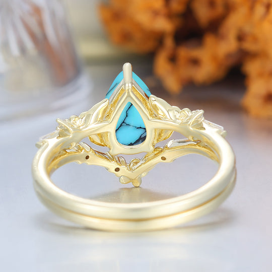 Unique Floral Engraved Pear Cut Turquoise Engagement Ring Set Natural Inspired Wedding Rings