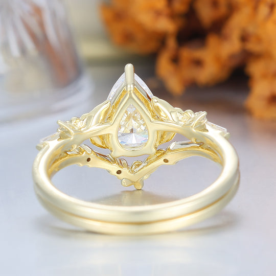 Nature Inspired Moissanite Floral Bridal Set Pear Cut Vintage Gold Ring Stacking Set