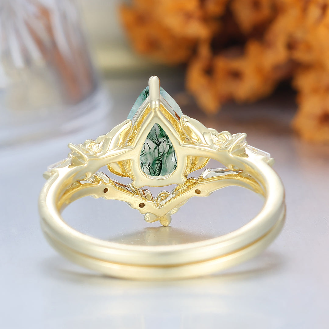 Nature Inspired Floral  Moss Agate  Bridal Ring Pear Cut Vintage Gold Ring Stacking Set