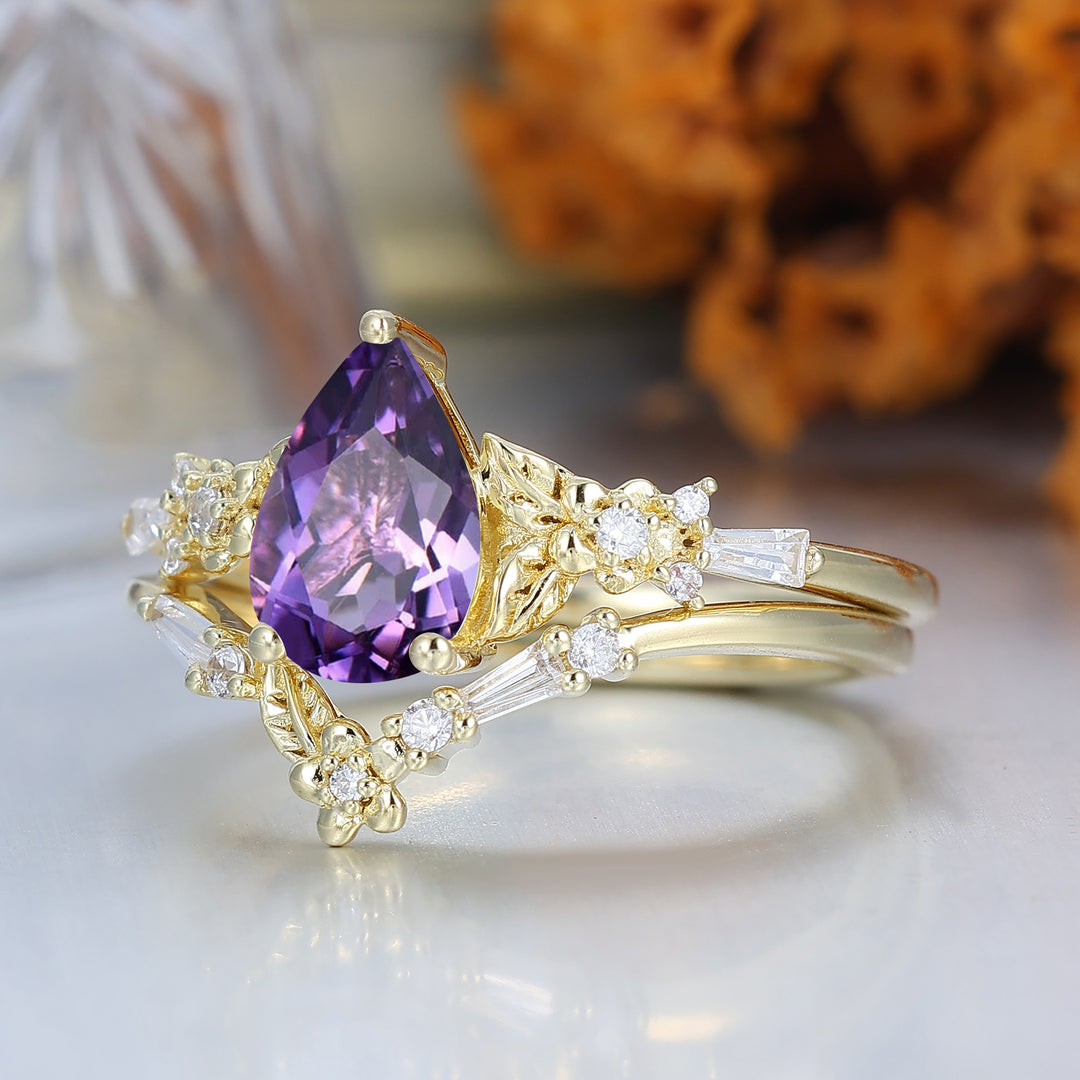 Nature Inspired Floral Amethyst Bridal Ring Pear Cut Vintage Gold Ring Stacking Set