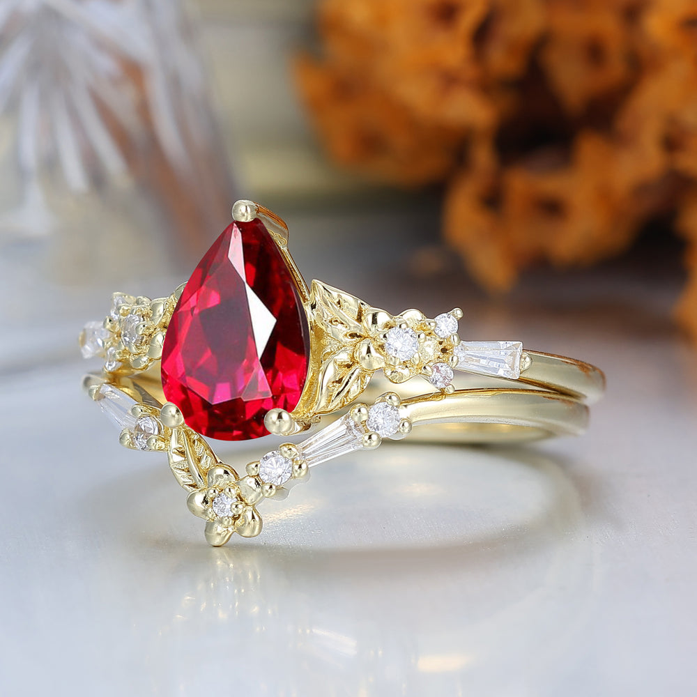 Unique Floral Engraved Pear Cut Ruby Engagement Ring Set Natural Inspired Wedding Rings