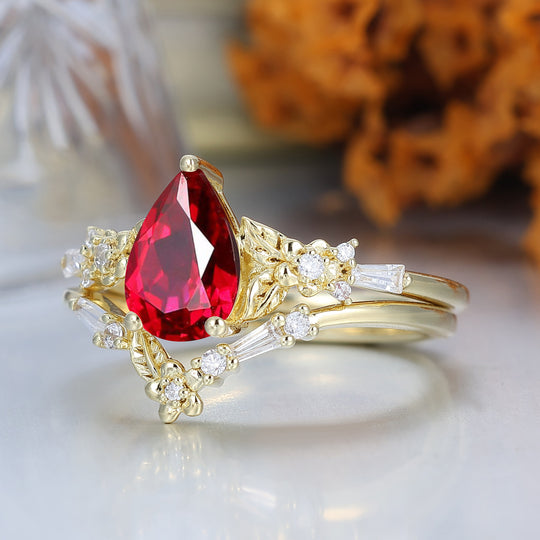 Unique Floral Engraved Pear Cut Ruby Engagement Ring Set Natural Inspired Wedding Rings