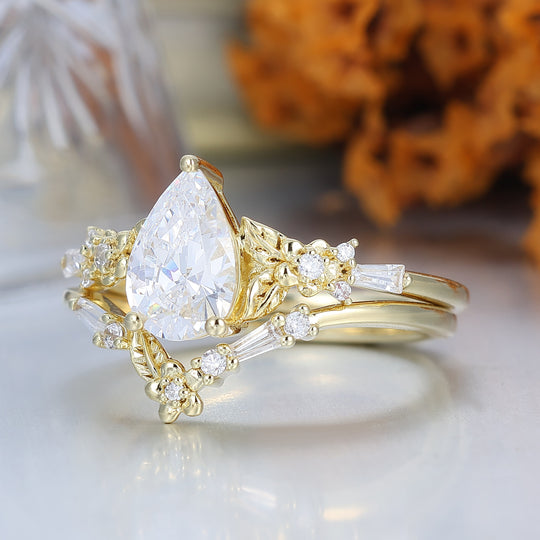 Nature Inspired Moissanite Floral Bridal Set Pear Cut Vintage Gold Ring Stacking Set