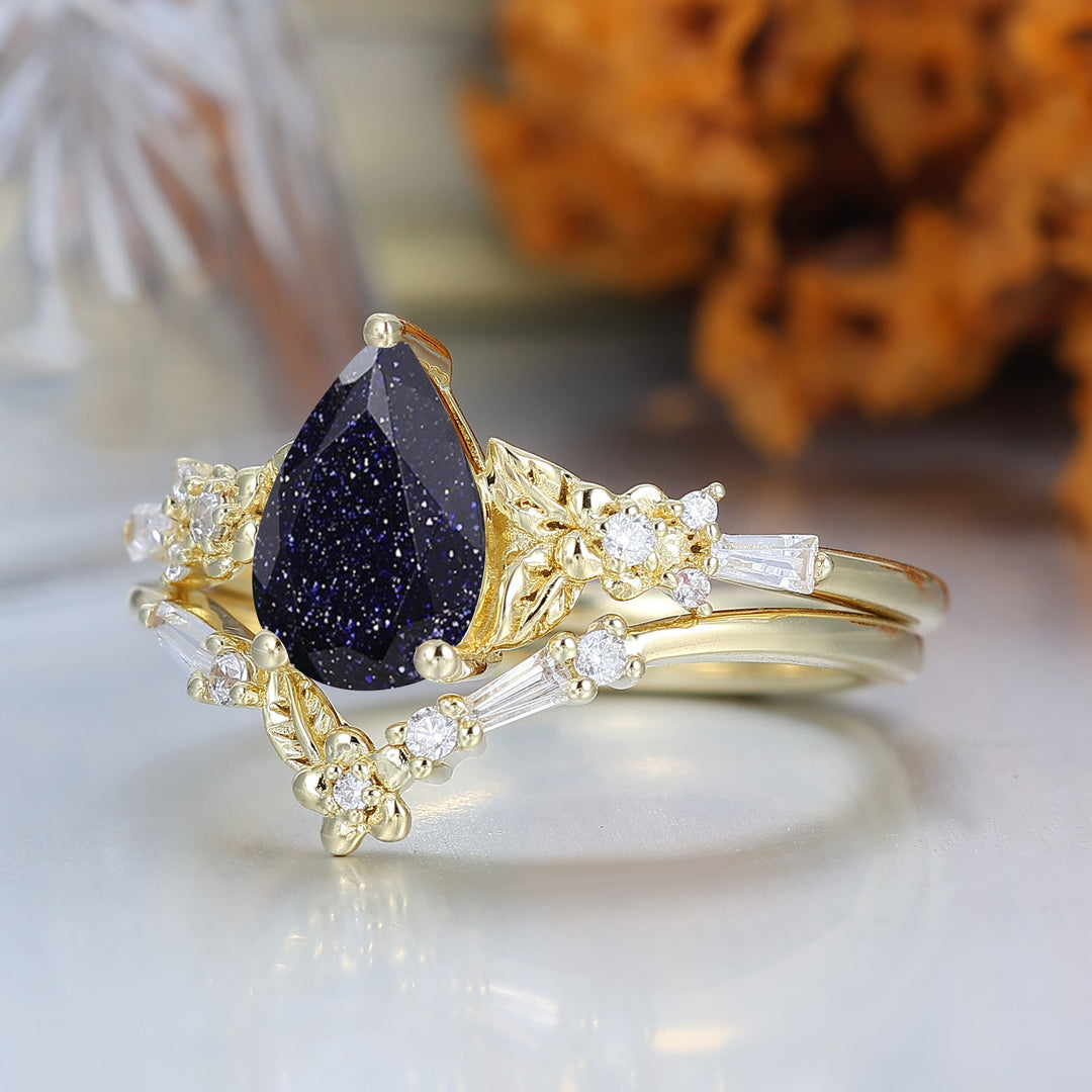 Floral Leaf Engraved Blue Sandstone Women Ring Set Solid Yellow Gold Wedding Rings Set