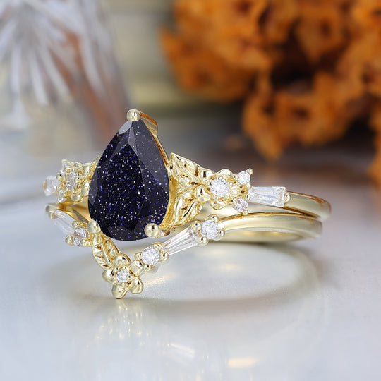 Floral Leaf Engraved Blue Sandstone Women Ring Set Solid Yellow Gold Wedding Rings Set