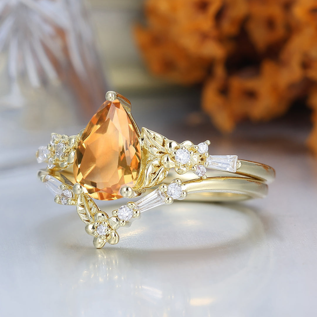 Unique Floral Engraved Pear Cut Citrine Engagement Ring Set Natural Inspired Wedding Rings