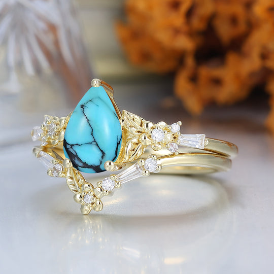 Unique Floral Engraved Pear Cut Turquoise Engagement Ring Set Natural Inspired Wedding Rings