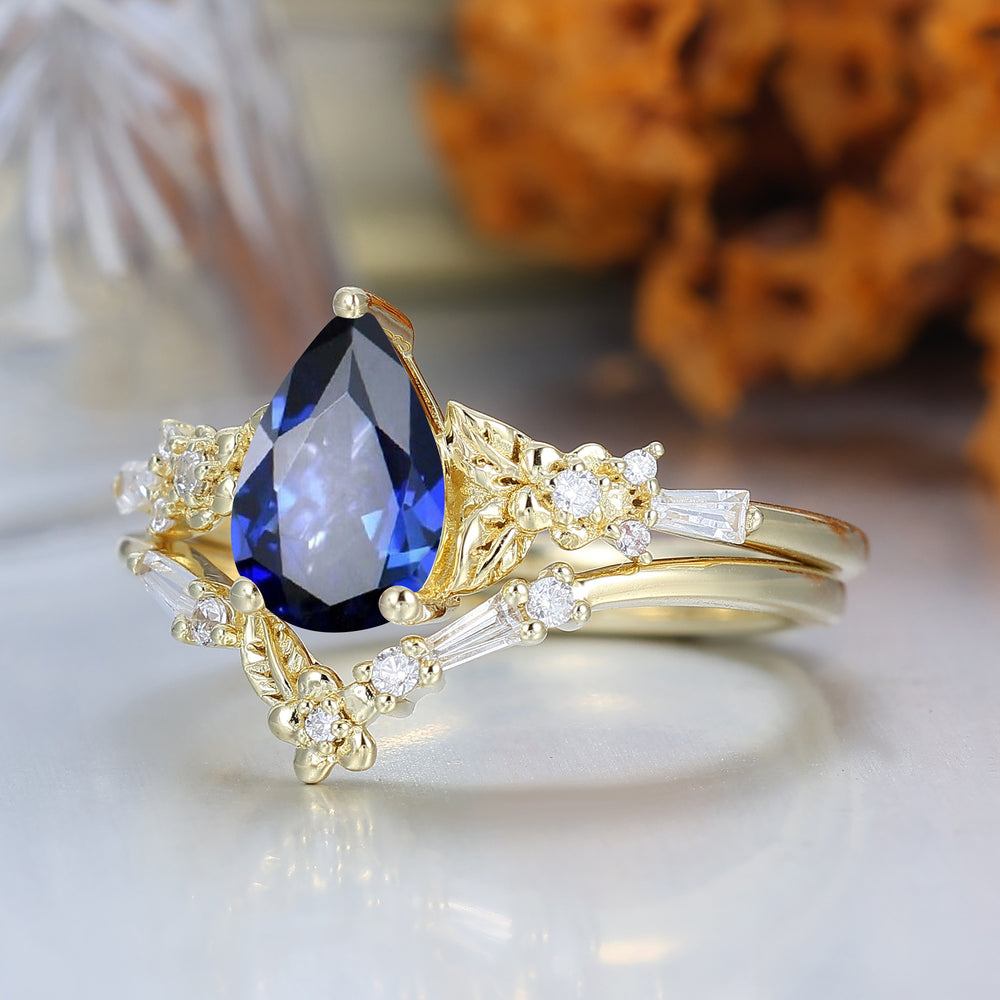 Nature Inspired Floral Sapphire Bridal Ring Pear Cut Vintage Gold Ring Stacking Set