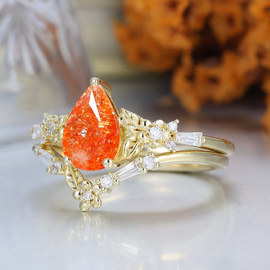 Nature Inspired Floral Sunstone  Bridal Ring Pear Cut Vintage Gold Ring Stacking Set