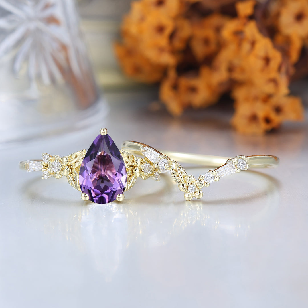Nature Inspired Floral Amethyst Bridal Ring Pear Cut Vintage Gold Ring Stacking Set