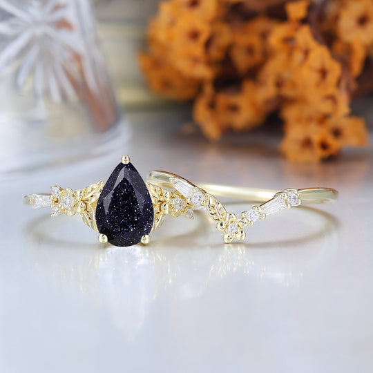 Floral Leaf Engraved Blue Sandstone Women Ring Set Solid Yellow Gold Wedding Rings Set