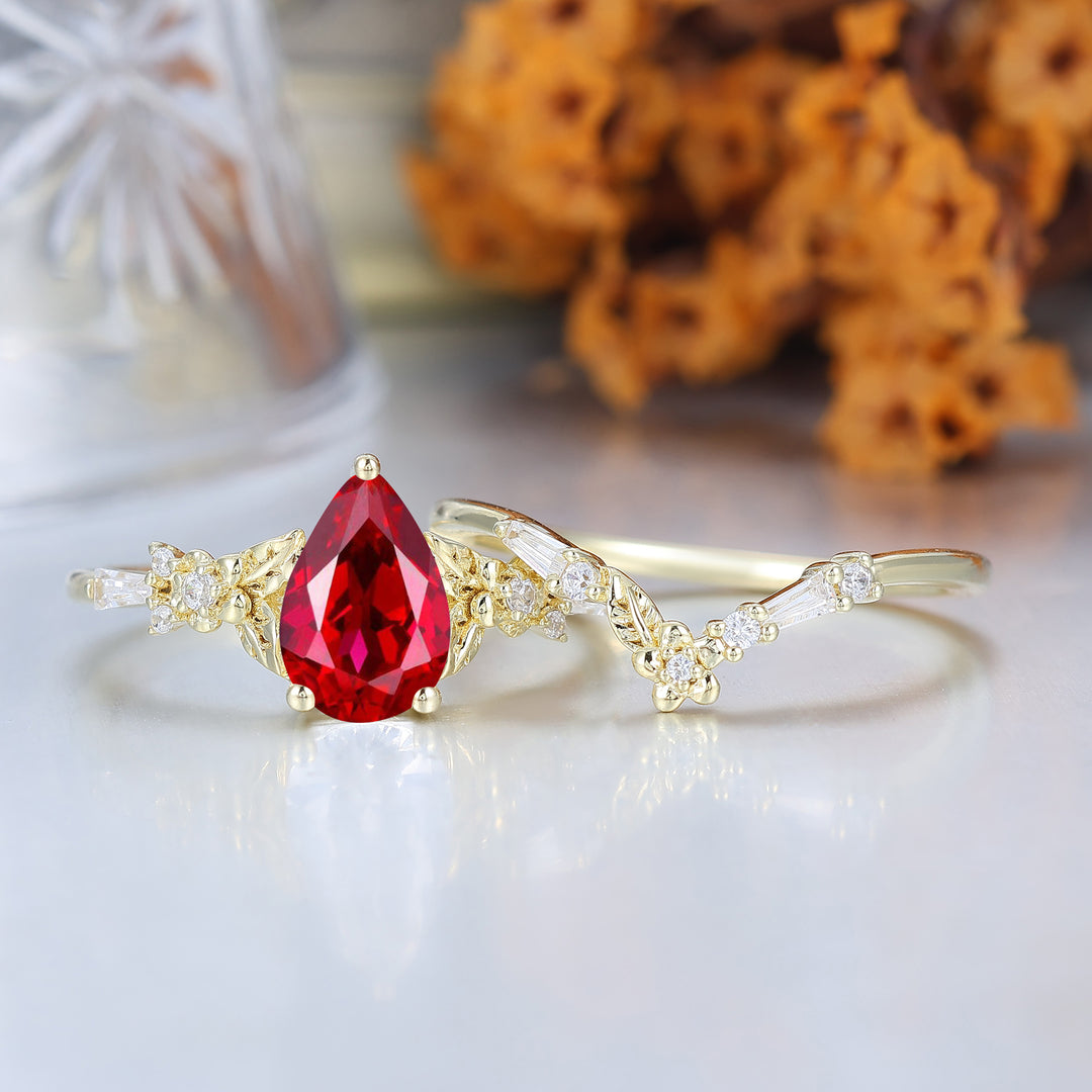 Unique Floral Engraved Pear Cut Ruby Engagement Ring Set Natural Inspired Wedding Rings