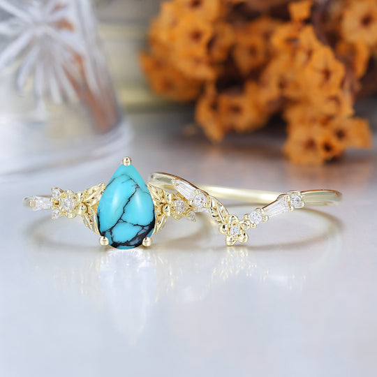 Unique Floral Engraved Pear Cut Turquoise Engagement Ring Set Natural Inspired Wedding Rings