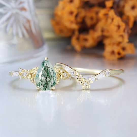 Nature Inspired Floral  Moss Agate  Bridal Ring Pear Cut Vintage Gold Ring Stacking Set