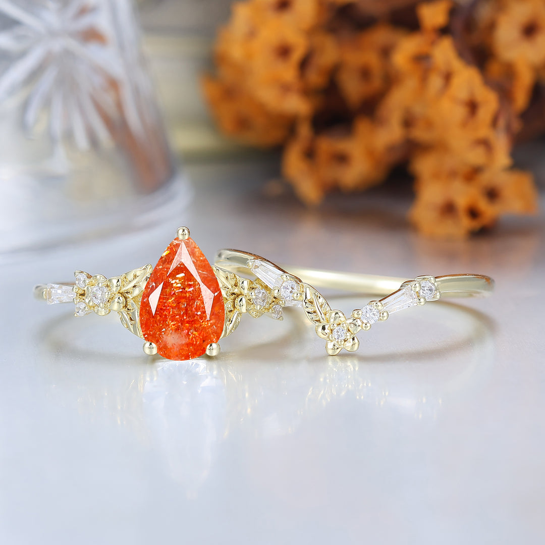 Nature Inspired Floral Sunstone  Bridal Ring Pear Cut Vintage Gold Ring Stacking Set