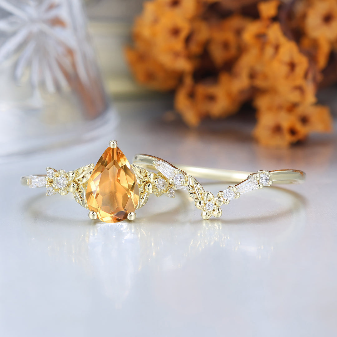 Unique Floral Engraved Pear Cut Citrine Engagement Ring Set Natural Inspired Wedding Rings