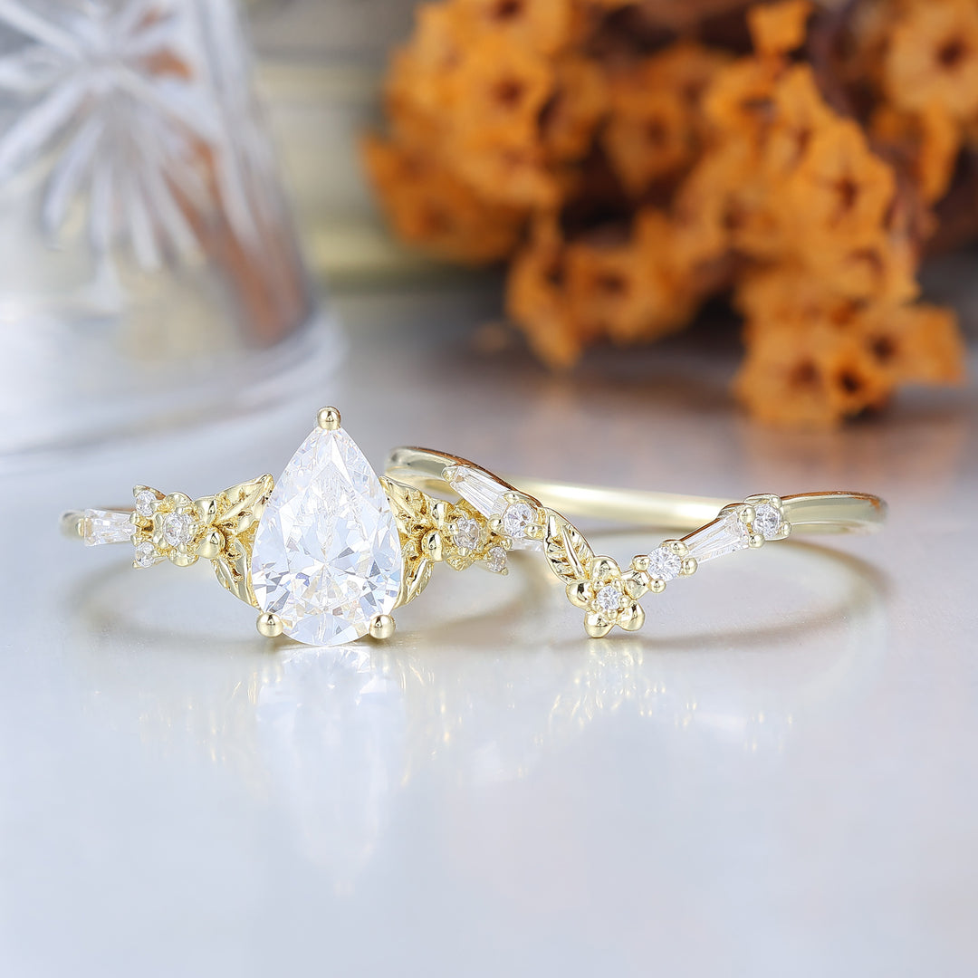 Nature Inspired Moissanite Floral Bridal Set Pear Cut Vintage Gold Ring Stacking Set