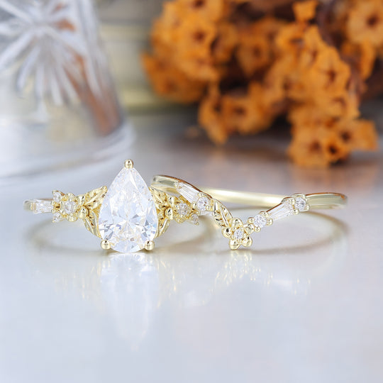 Nature Inspired Moissanite Floral Bridal Set Pear Cut Vintage Gold Ring Stacking Set