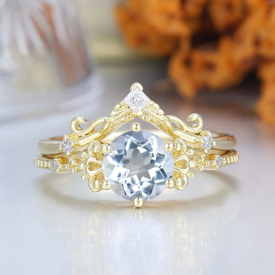 Unieke Deco Milgrain Aquamarijn Bloemenring Set Wijnrankstijl 14K Goud Aquamarijn Damesringen