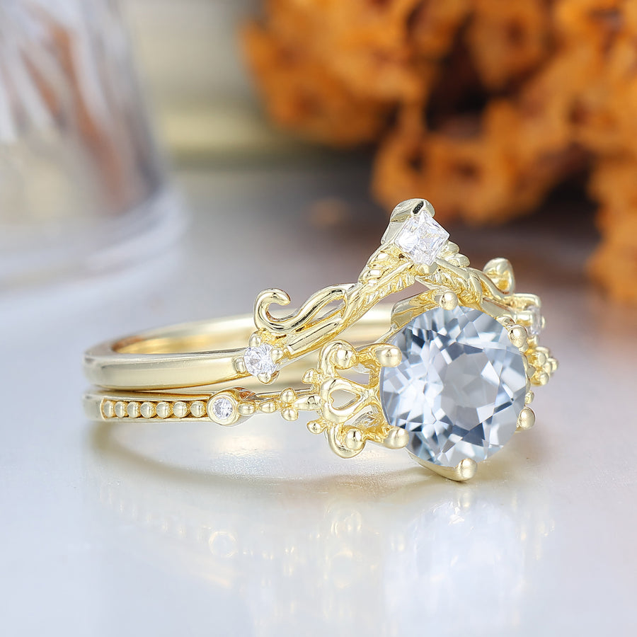 Unique Deco Milgrain Aquamarine Floral Ring Set Vine Style 14K Gold Aquamarine Women Rings
