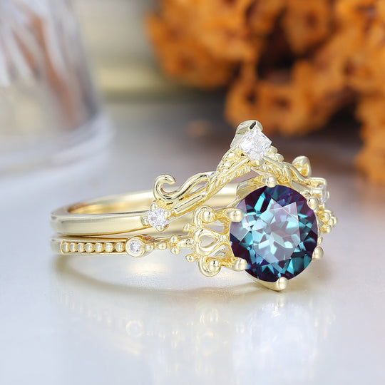 Artsy Milgrain Alexandrite Floral Ring Set Vine Design 14K Gold Alexandrite Women Rings