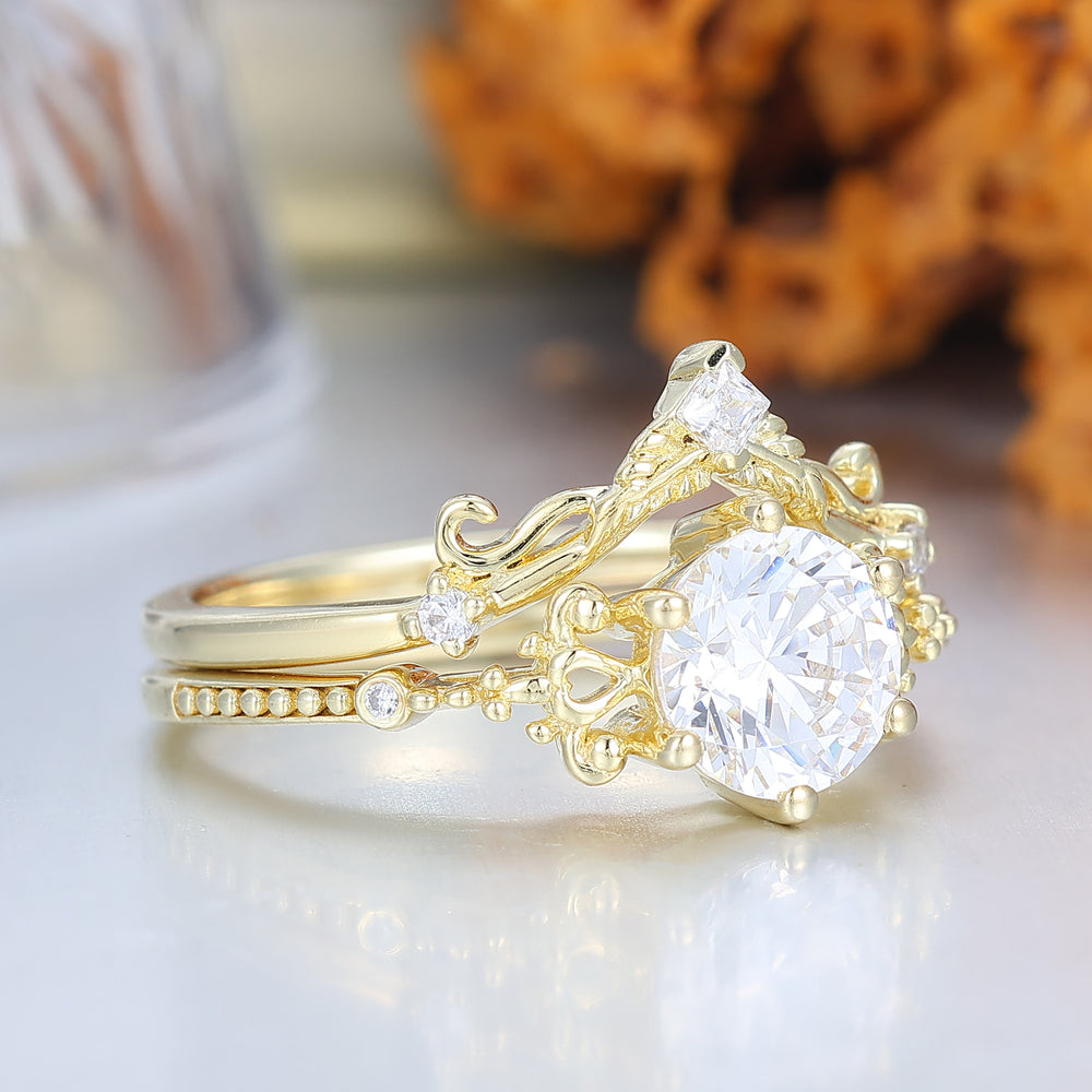 Ornate Vintage Moissanite Wedding Set Engagement Ring Romantic Art Deco Bridal Set