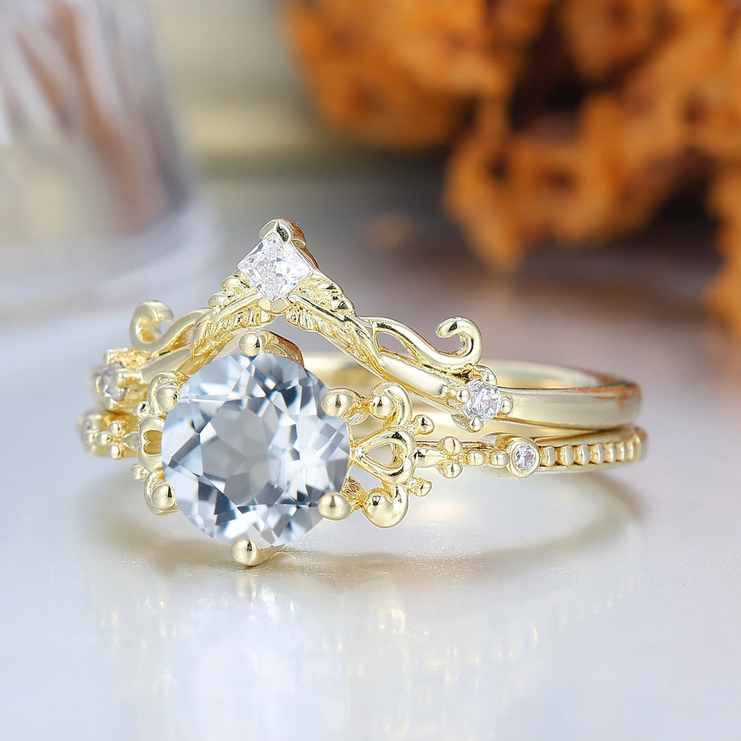 Unieke Deco Milgrain Aquamarijn Bloemenring Set Wijnrankstijl 14K Goud Aquamarijn Damesringen
