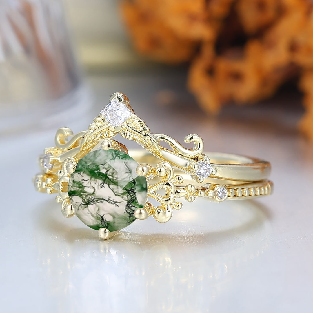 Ensemble de mariage orné en agate mousse vintage Bague de fiançailles romantique Ensemble nuptial Bague de fiançailles