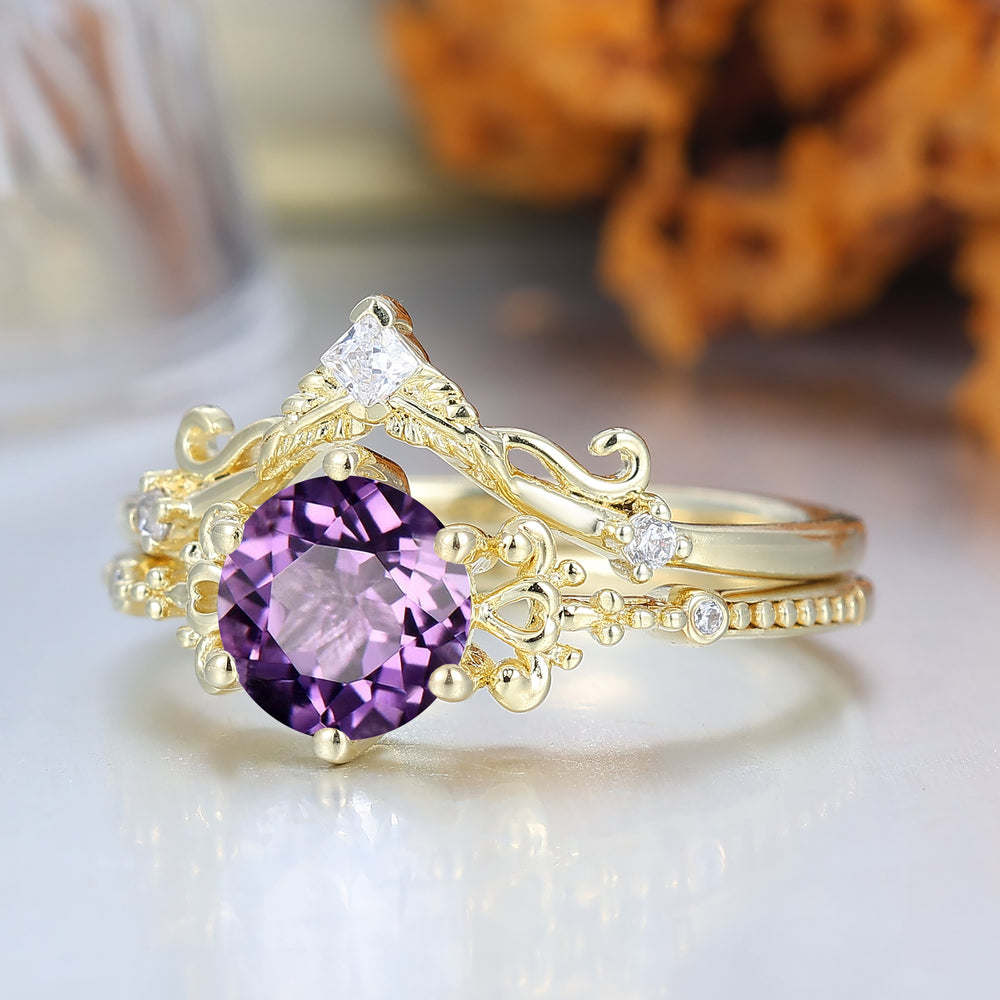 Ornate Vintage Amethyst Wedding Set Engagement Ring Romantic Bridal Set  Engagement Ring