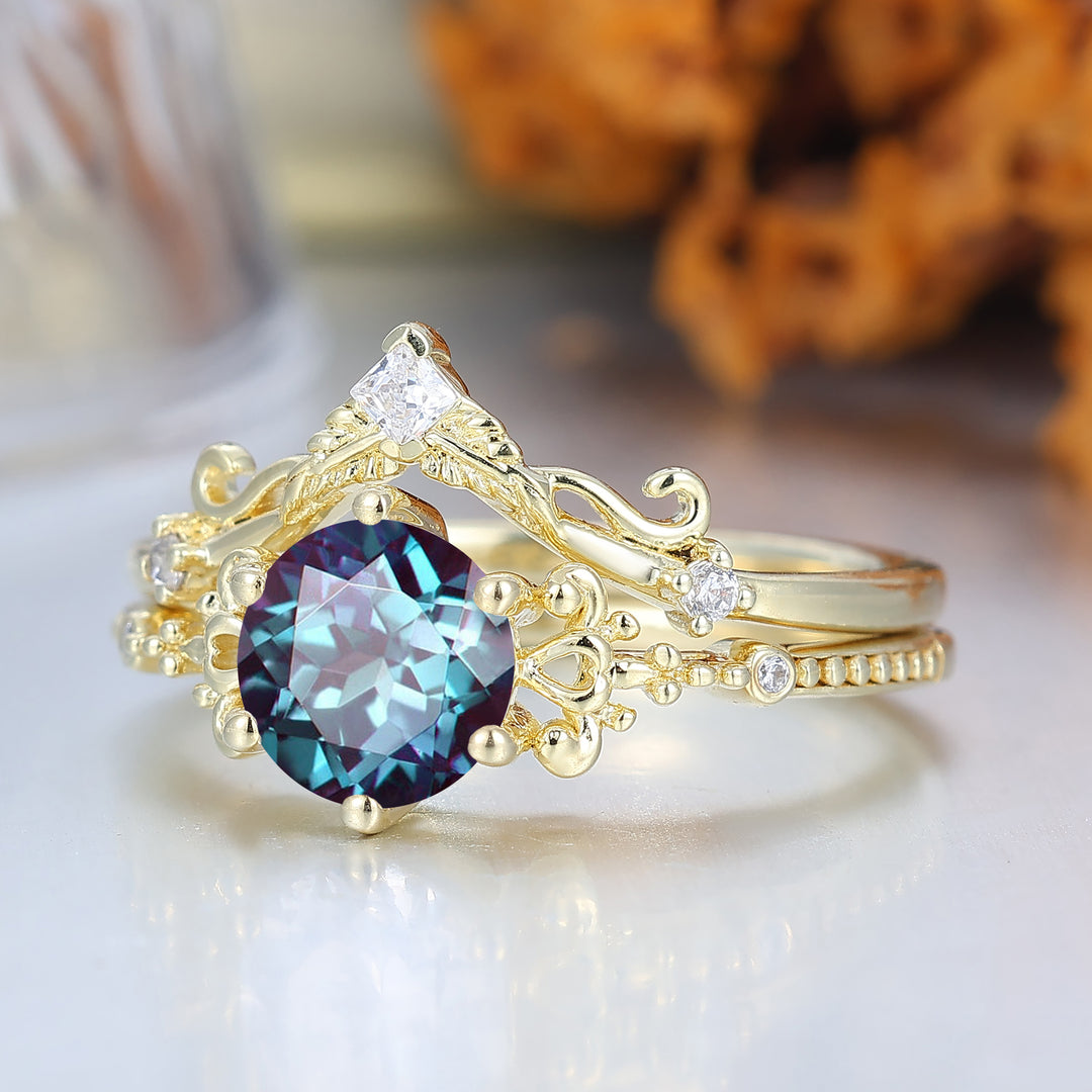 Artsy Milgrain Alexandrite Floral Ring Set Vine Design 14K Gold Alexandrite Women Rings