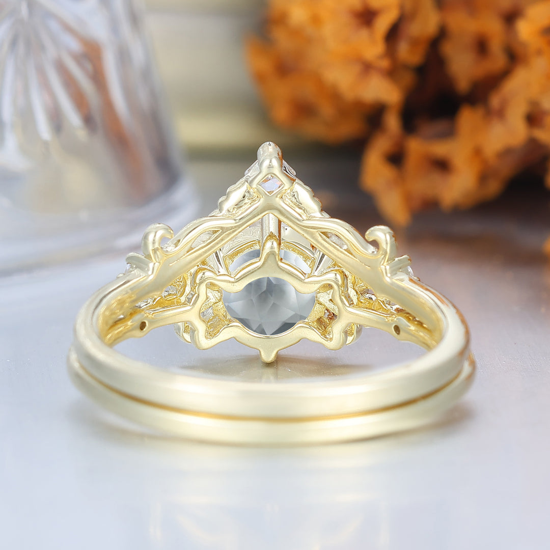 Unieke Deco Milgrain Aquamarijn Bloemenring Set Wijnrankstijl 14K Goud Aquamarijn Damesringen