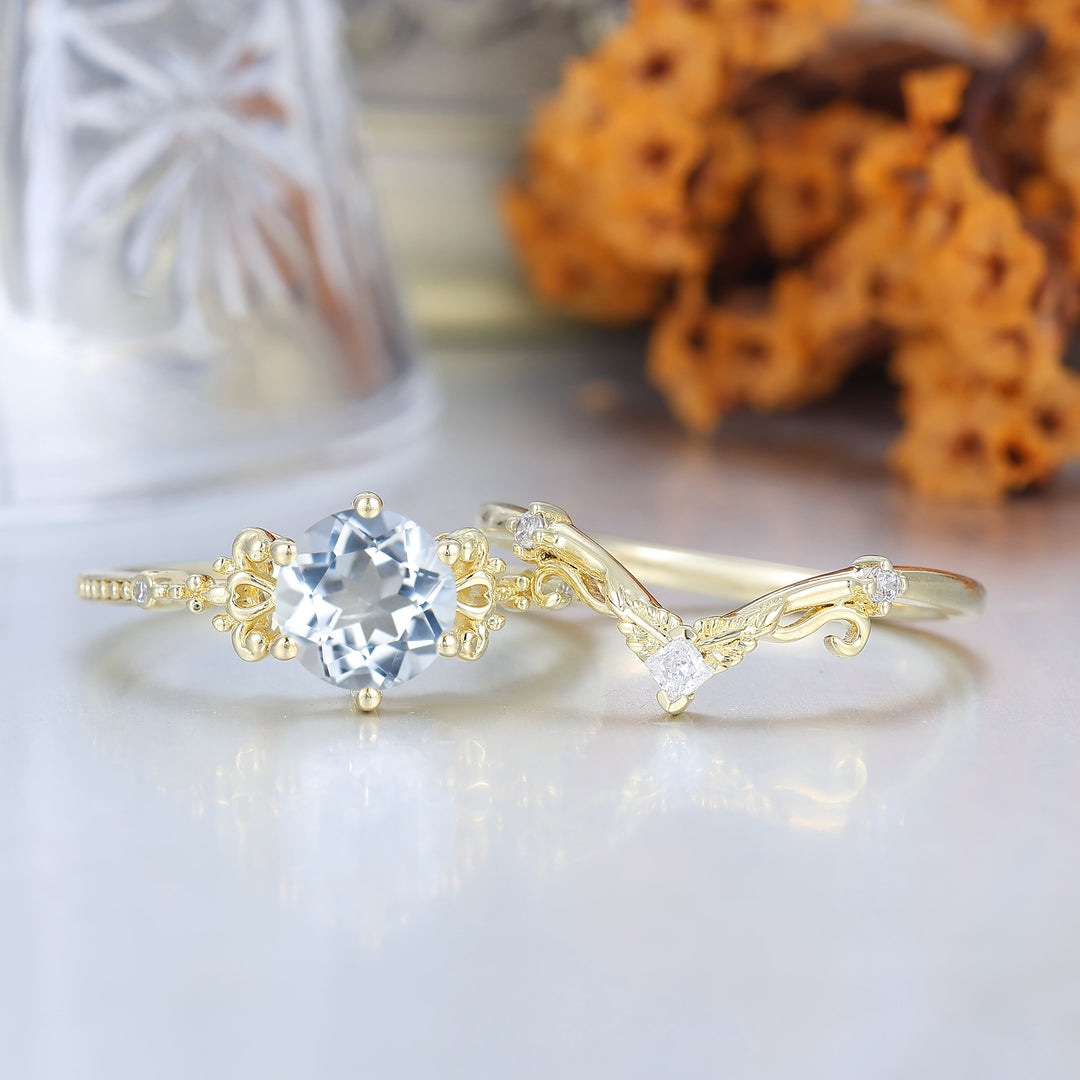 Unieke Deco Milgrain Aquamarijn Bloemenring Set Wijnrankstijl 14K Goud Aquamarijn Damesringen