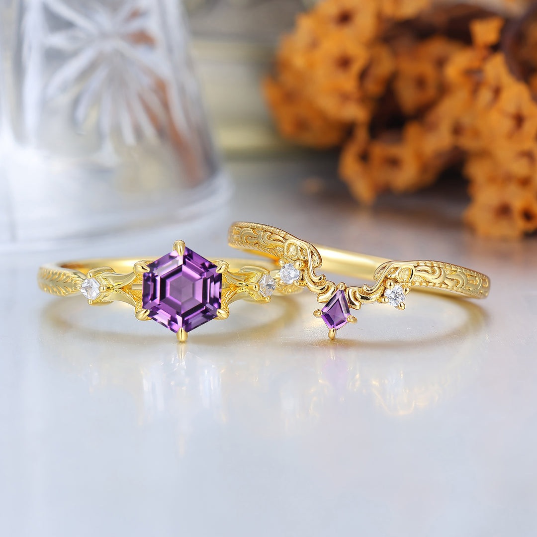 Vintage Royal Amethyst Bridal Set  Engagement Ring Romantic Enhancer Ring